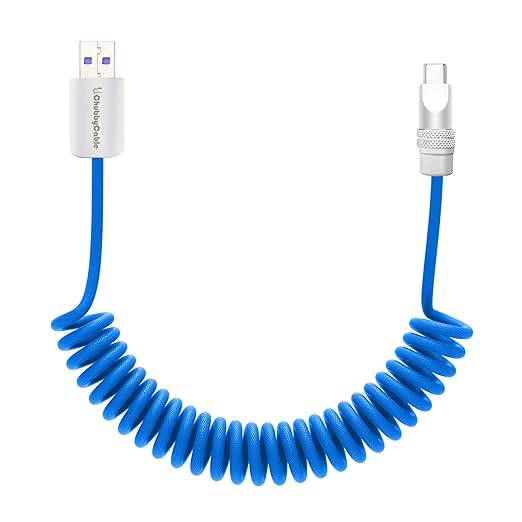 chubbycable Curly Chubby Retractable Fast Charging Cable 120W Coiled Charger Cord for Car Durable USB C Cable Compatible with iPhone 16/15 Series, Light Blue, USB-A to Type-C, 1.3FT-2.3FT