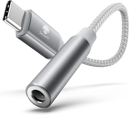Stouchi USB C to 3.5mm Female Adapter, Type C Headphone Audio Jack Cable Cord Hi-Fi Dongle for Samsung Galaxy S22 S21 Ultra Z Flip Note 20,iPad Mini 6th, Pixel 7/6a - Silver