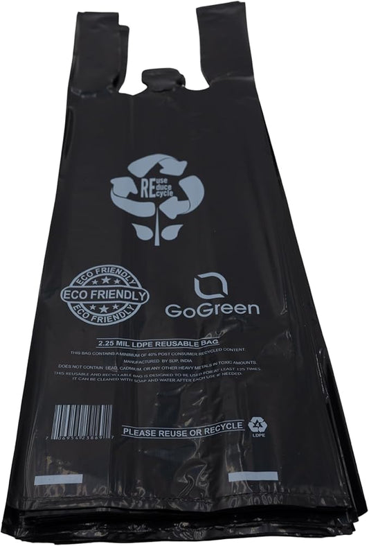 Black Reusable/Eco-Friendly LDPE T-Shirt - Single Bottle Bag 6"X4"X20" - 400 Bags - 57 Micron (2.25 mil) - Black - BLKLD40REC225REUSE6420
