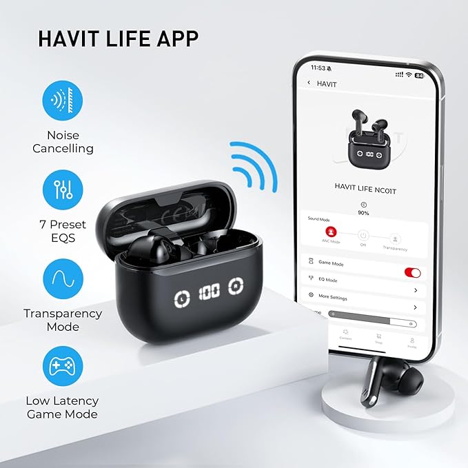 havit Wireless Earbuds Noise Cancelling, Bluetooth 5.4 Headphones with 4 ENC Noise Cancelling Mic, 40H Playtime, in-Ear Bluetooth Ear Buds 7 Preset EQs via App LED Display