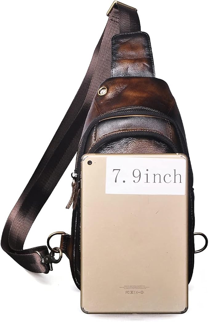 Le'aokuu Men Outdoor Casual Travel Hiking Tea Crossbody Chest Sling Bag Rig One Shoulder Strap Bag Backpack Men Leather
