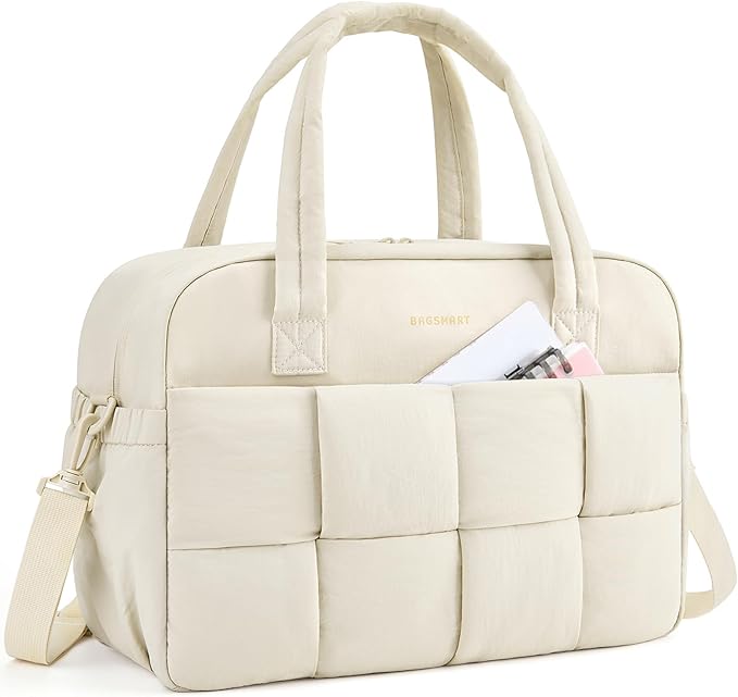BAGSMART Gym Bag for Women, 24L Puffer Travel Duffle Bag for Travel with Laptop Compartment, Weekender Bags for Women, Carry On Duffel Bag Personal Item Bag, Beige