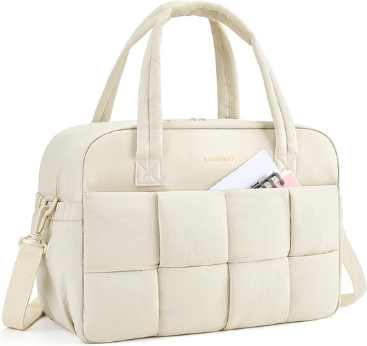 BAGSMART Gym Bag for Women, 24L Puffer Travel Duffle Bag for Travel with Laptop Compartment, Weekender Bags for Women, Carry On Duffel Bag Personal Item Bag, Beige