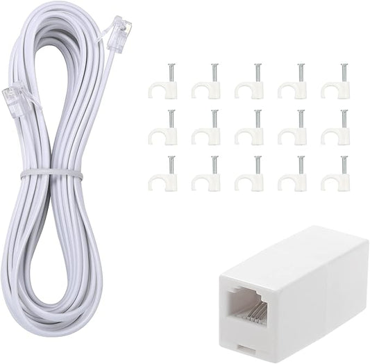 Long Telephone Extension Cord Phone Cable Line Wire, with Standard RJ11 Plug and 1 in-Line Couplers and 15 Cable Clip Holders-White (15feet)