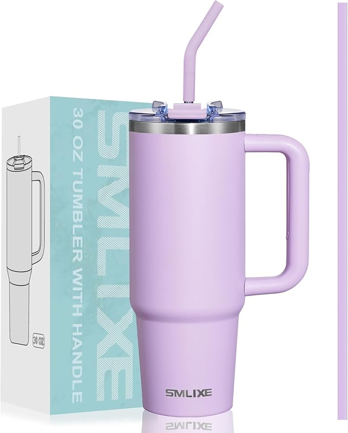 30 oz Tumbler with Handle, Tumbler with Lid and Straw, Double Wall Vacuum Insulated Travel Mug Stainless Steel Tumbler for Hot and Cold, Cupholder Friendly (Purple)