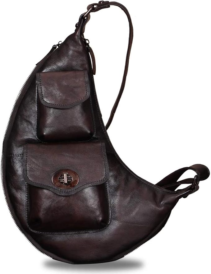 Genuine Leather Large Sling Bag for Men and Women Vintage Real Leather Sling Backpack Shoulder Crossbody Bag Chest Bag