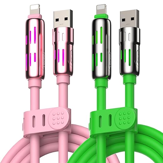 MFish 240W 4-in-1 Universal USB Charging Cable [2 Pack, 6.6ft] – Fast Charger Cord with USB-A, Dual USB-C & Lighting, for iPhone 14/15/16 Series, iPad & MacBook & More (2PACK, Pink+Green, 6.6Ft)