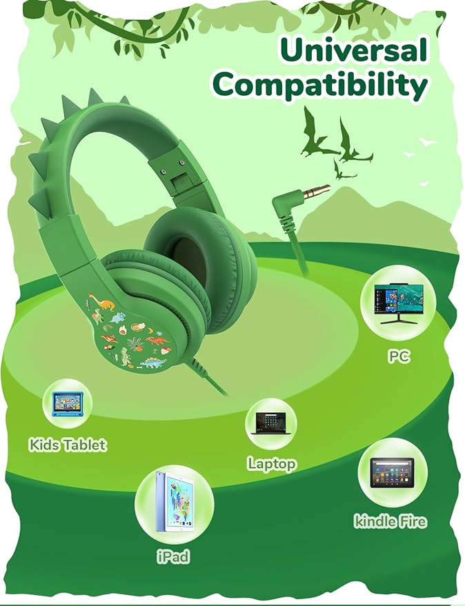iClever Kids Headphones for School Travel, Safe Volume 85dBA, Stereo Sound Over-Ear for Kid, Foldable 3.5mm Wired Dinosaur Headphones for iPad Computer, HS19S