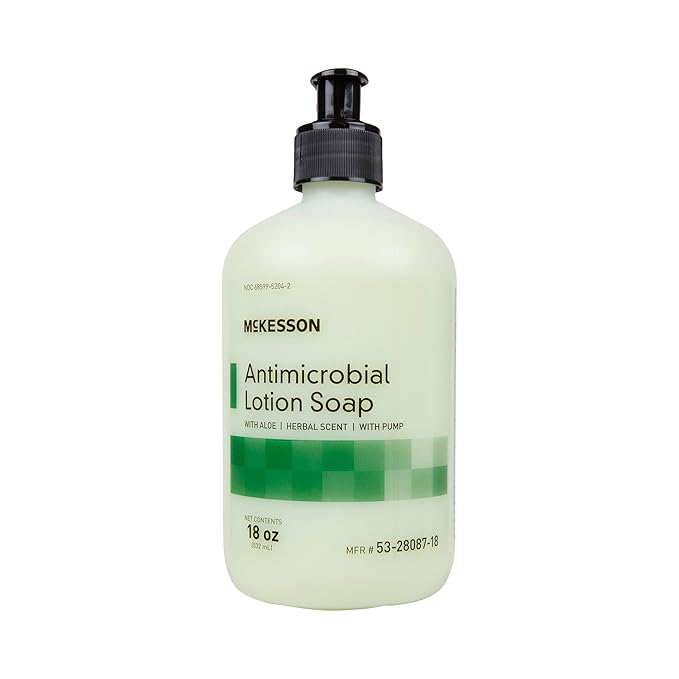 McKesson Antimicrobial Lotion Hand Soap with Aloe, 18 oz Pump Bottle [Pack of 1] - Herbal Scent, Keeps Hands Clean and Moisturized, Medical-Grade Soap