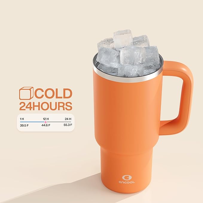 32 oz Tumbler with Handle and Straw: Stainless Steel Insulated Tumbler Keeps Cold for 24 Hours, Leakproof Travel Cup Fits in Cup Holder and BPA-Free, Moderate Orange