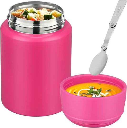 17oz Soup Thermo for Hot Food Kids Insulated Food Jar,Thermo Hot Food Lunch Container, Width Mouth Stainless Steel Lunch Box for Kids with Handle Folding Spoon(Rose Red-Pure)