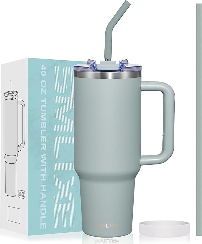 40 oz Tumbler with Handle and Straw Lid,Insulated Reusable Stainless Steel Water Bottle Travel Mug，Cupholder Friendly Double Wall Vacuum Sealed Cup (Shale)