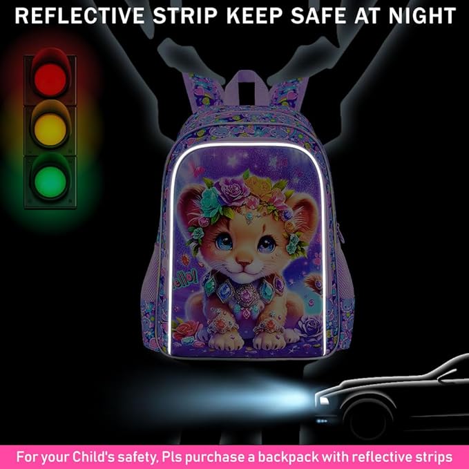 3Pcs Backpack for Girls, 16" Lion Kids Bookbag for Elementary Preschool Kindergarten, School Backpacks with Lunch Box(Purple)