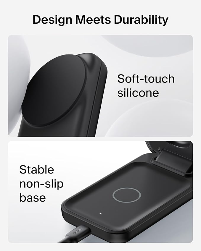 Belkin MagSafe Charger Compatible, 3-in-1 Charging Station, Qi2.2 25W Magnetic Wireless Charger Dock, Foldable Charging Stand for iPhone 17/16/15, Apple Watch, AirPods, Pixel 10 (45W Adapter Included)