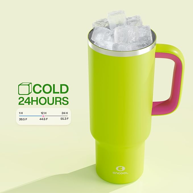 40 oz Tumbler with Handle and Straw: Stainless Steel Insulated Tumbler Keeps Cold for 24 Hours, Leakproof Travel Cup Fits in Cup Holder and BPA-Free, Acid Green