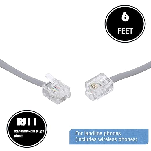 LanSenSu Telephone landline Extension Cord Cable Cord with Standard RJ-11 6P4C Plug (6Ft-3Pack-Silver, Silver)