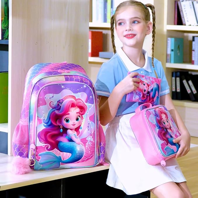 3Pcs Mermaid Backpack for Girls, 16" Kids Bookbag with Lunch Box，School Backpacks for Elementary Preschool Kindergarten (Pink)