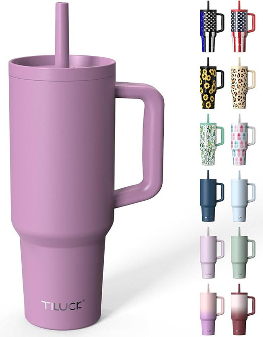 TILUCK 40 oz Tumbler with Handle, Vacuum Insulated Stainless Steel Travel Mug with 100% Leak-Proof Silicone Straw Lid, Cupholder Friendly Water Bottle(Lilac, 40oz)