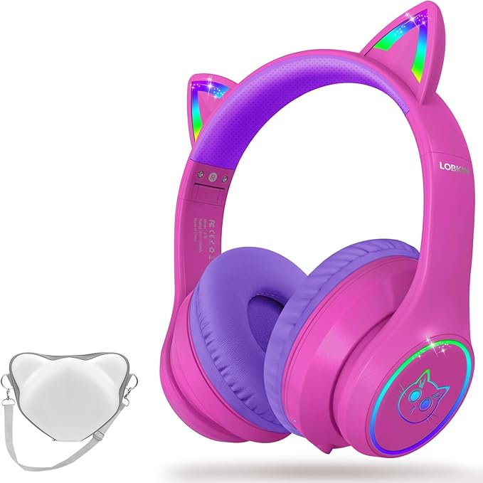 LOBKIN Bluetooth 5.4 Kids Headphones with Case - RGB LED Light Up Cat Ears Foldable Adjustable Over Ear Headphone Support Wireless or 3.5mm Wired Mode for Toddler & Girls & Boys Teens