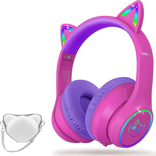 LOBKIN Bluetooth 5.4 Kids Headphones with Case - RGB LED Light Up Cat Ears Foldable Adjustable Over Ear Headphone Support Wireless or 3.5mm Wired Mode for Toddler & Girls & Boys Teens