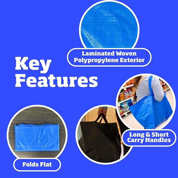 DURASACK Haul-It-All Extra-Large Reusable Shopping Bag – Heavy Duty Open-Top Tote with Handles, 18-Gallon Capacity, Blue, Pack of 4