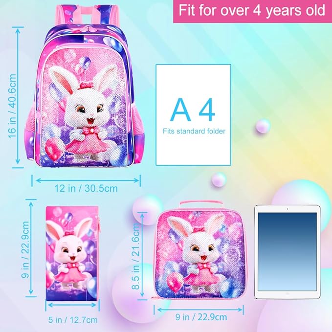 3Pcs Backpack for Girls, 16" Sequins Kids Bookbag with Lunch Box, Bunny School Backpacks for Elementary Preschool Kindergarten (Pink)