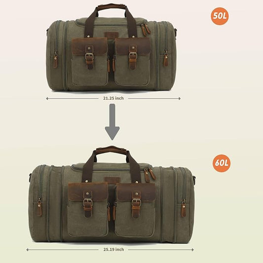 Imyth Retro Crazy Horse Leather Canvas Duffle Bag 60L Expandable Travel Bag for Airplanes (Army Green)