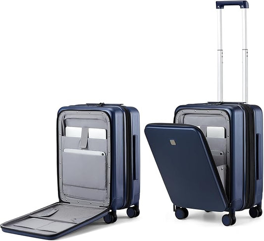 Hanke Grace Expandable Carry On Luggage with Wheels Airline Approved Hard Shell Suitcases with Front Pocket，Top Opening Luggage with TSA Lock for Short Business Travel, Dark Blue.