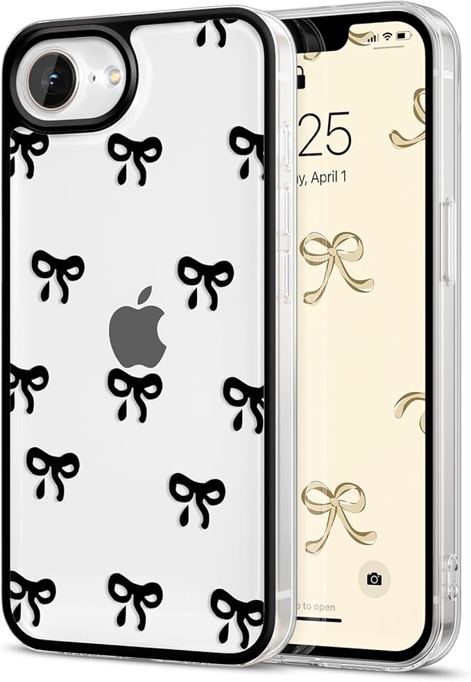 EYZUTAK Case for iPhone 16e, Clear Cute Ribbon Bowknot Pattern Aesthetic Transparent Phone Case Raised Camera Protection Stylish Slim Soft Durable TPU Protective Cover for Women Girls - Black