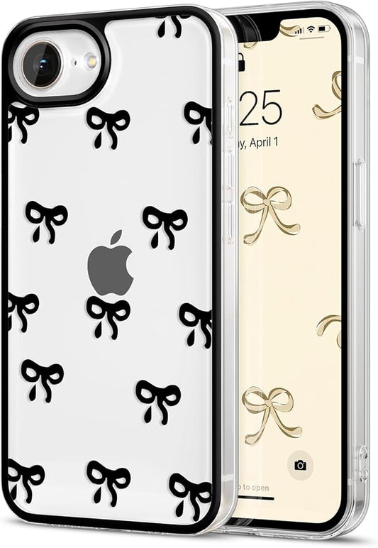 EYZUTAK Case for iPhone 16e, Clear Cute Ribbon Bowknot Pattern Aesthetic Transparent Phone Case Raised Camera Protection Stylish Slim Soft Durable TPU Protective Cover for Women Girls - Black