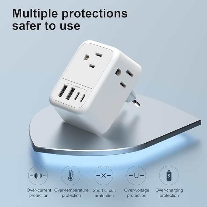 Travel Plug Adapter, International Plug Adapter with 4 AC Outlets 4 USB Ports(2 USB C), Travel Adapter Type C Travel Essentials for US to Most Europe France Germany Italy Spain [1 Pack]