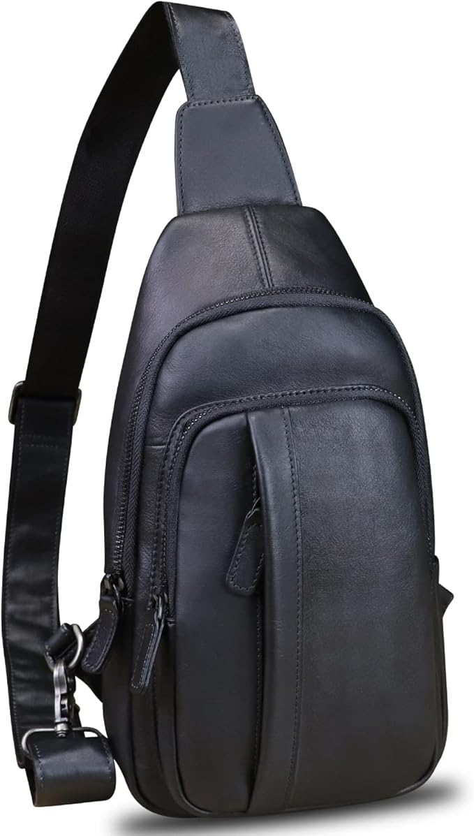 IVTG Genuine Leather Sling Bag Crossbody Casual Hiking Daypack Vintage Handmade Chest Shoulder Backpack Motorcycle Cycling Purses (Black)