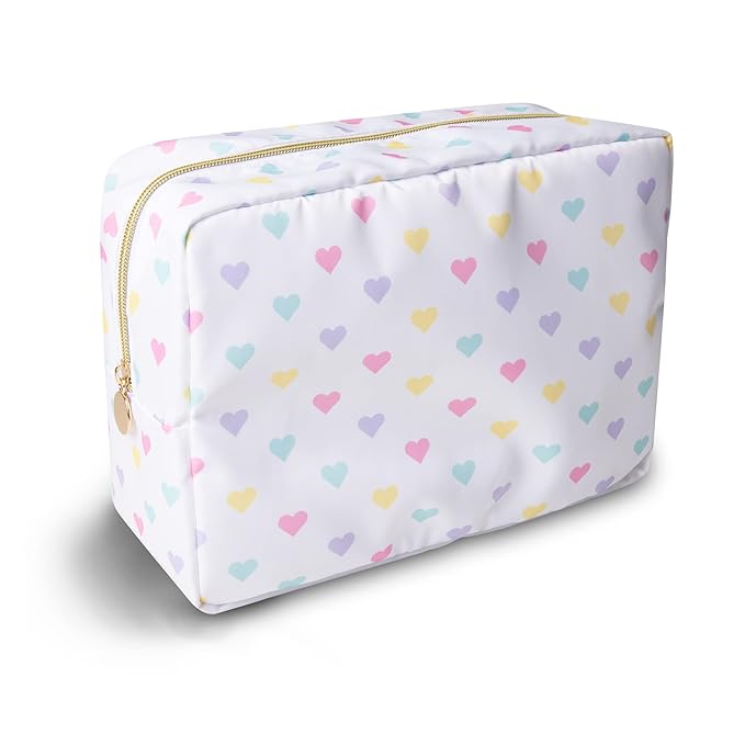 Large Makeup Bag Pouch, Nylon Women Travel Toiletry Storage Bag Big Makeup Organizer Bag for Girls, Preppy Cosmetic Bag Cute Zipper Pouch Skincare Bag for Sport School Work Gift(Large-White Heart)