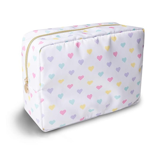 Large Makeup Bag Pouch, Nylon Women Travel Toiletry Storage Bag Big Makeup Organizer Bag for Girls, Preppy Cosmetic Bag Cute Zipper Pouch Skincare Bag for Sport School Work Gift(Large-White Heart)
