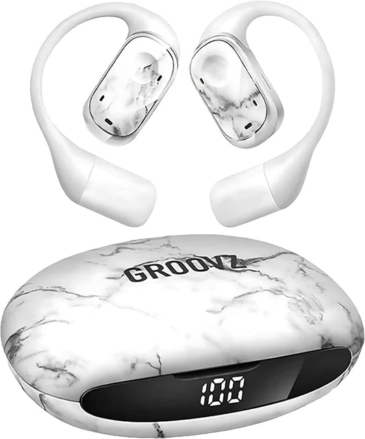 Groovz Open-Ear True Wireless Headphones with Smart Battery Display - Designed and Engineered in The USA - IPX5-Rated Bluetooth Open Ear Earbuds Compatible with Apple & Android - White Marble