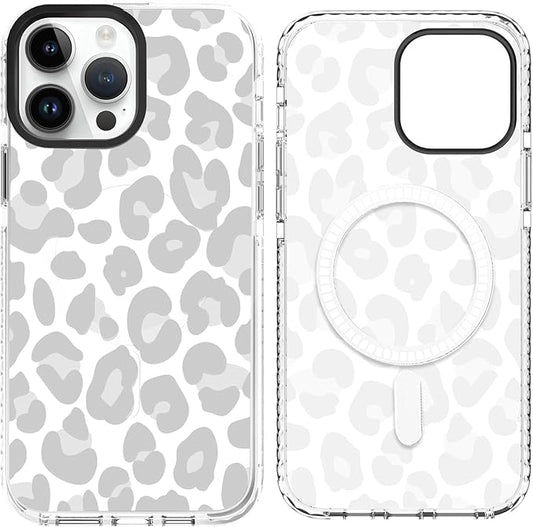 SAKUULO Magnetic for iPhone 14 Pro Case Light Gray Leopard Print Pattern [Compatible with MagSafe] Wireless Charge Slim Shockproof Case for iPhone 14 Pro Phone Case, Gray Leopard (6.1")
