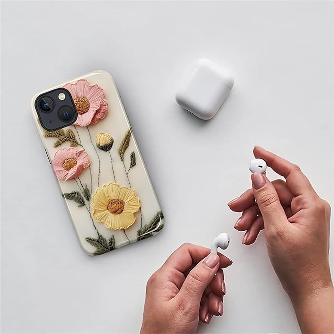 Case for iPhone 15 Plus Case,Faux Embroidery Boho Floral Design - Hybrid Dual Protection Silicone + Hard PC Shockproof Full Body Cover Slim Anti-Scratch Protective Case for Men Women