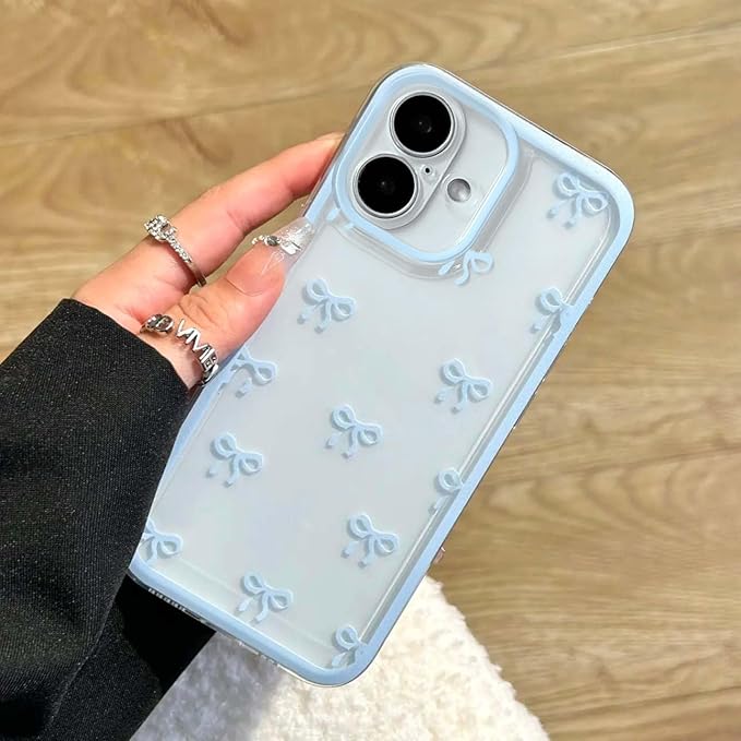 EYZUTAK Case for iPhone 16, Clear Cute Ribbon Bowknot Pattern Aesthetic Transparent Phone Case Raised Camera Protection Stylish Slim Soft Durable TPU Protective Cover for Women Girls - Blue