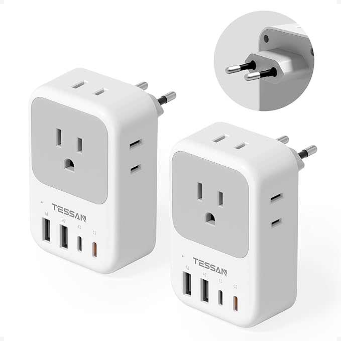 TESSAN European Travel Plug Adapter 2 Pack, PD 20W Adapter for Europe Plug with 4 AC Outlets 4 USB (2 USB C), Type C Adaptor for US to Europe, Italy, Spain, France, Portugal, Greece, Iceland, Germany