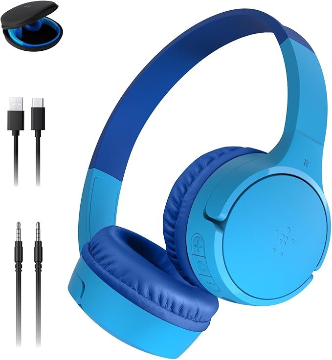 Belkin SoundForm Mini - Wireless Bluetooth Kids Headphones, 30H Battery, 85dB Safe Volume Limit, Built-in Microphone - Toddler On-Ear Earphones for iPhone, iPad - Ideal for School - Blue w/Case