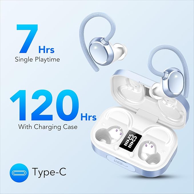 KT1 Wireless Earbuds V5.3 Bluetooth Earbuds 120Hrs Playtime, 4.7g Mini Size Painless Wear, IPX7 Waterproof, Deep Bass 2.0, Over-Ear Ear Buds Wireless Bluetooth Headphones for Sport Running (Blue)