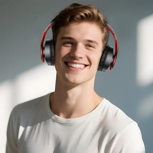 TUINYO Bluetooth Headphones, Over Ear Stereo Wireless Headset 40H Playtime with Deep Bass,Soft Memory-Protein Earmuffs,Built-in Mic Wired Mode PC/Cell Phones-Black red