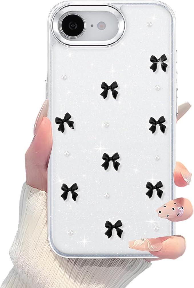 EYZUTAK Case for iPhone 16e, Bling Glitter 3D Bowknot Phone Case Cute Sparkly Crystal Clear Bow Aesthetic Design Cover Slim Soft Durable TPU Transparent Protective Cover for Women Girl - Black Bow