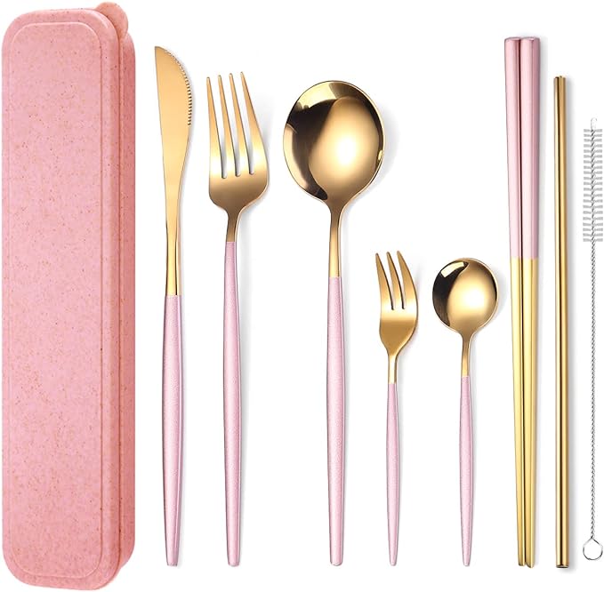 AARAINBOW 8 Pieces Stainless Steel Flatware Set Portable Reusable Cutlery Set Travel Utensils Set Including Chopsticks Knife Fork Spoon Straws Cleaning Brush Dishwasher Safe (Pink Golden)