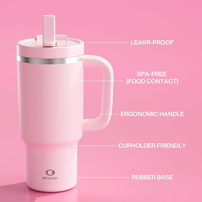 32 oz Tumbler with Handle and Straw: Stainless Steel Insulated Tumbler Keeps Cold for 24 Hours, Leakproof Travel Cup Fits in Cup Holder and BPA-Free, Cotton Candy