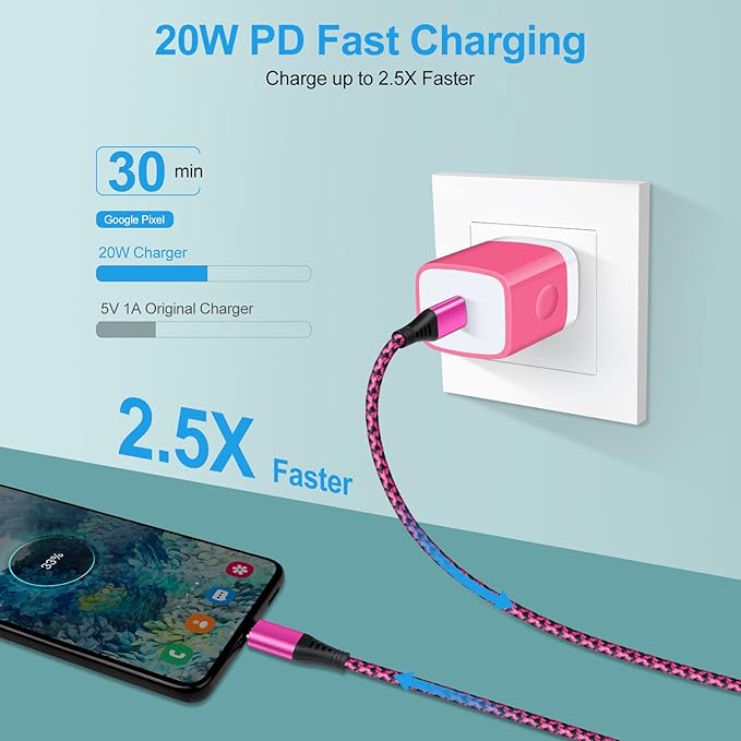 USB C Power Adapter Fast Wall Charger Compatible iPhone 15 iPad Pro 2021/2020/2018 11"/12.9", iPad mini 6, iPad Air 4, Samsung Galaxy A03s,A53,A73,S22,A52,20W PD Charger Block 6FT Type C to C Cable