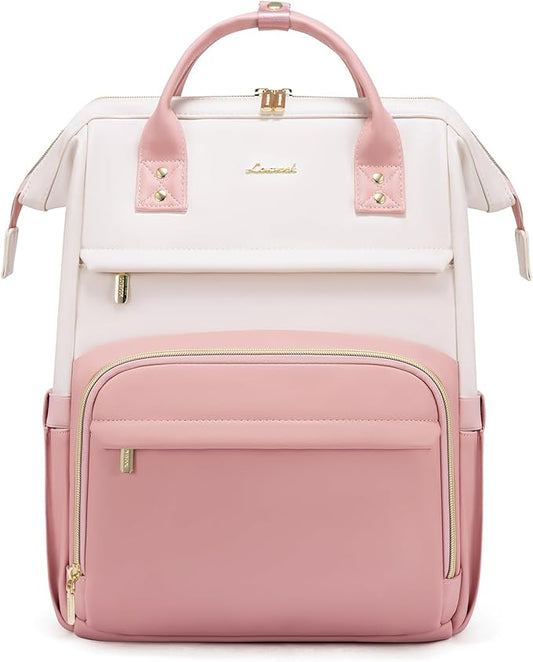 LOVEVOOK Leather Backpack for Women,17 inch Leather Laptop Backpack Women,Professional Work Backpack Nurse College Teacher Bag,Womens Laptop Tote Bag Computer Travel Backpack Purse,Beige White-Pink