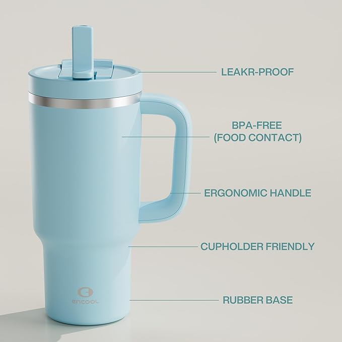 32 oz Tumbler with Handle and Straw: Stainless Steel Insulated Tumbler Keeps Cold for 24 Hours, Leakproof Travel Cup Fits in Cup Holder and BPA-Free,Pewter Blue