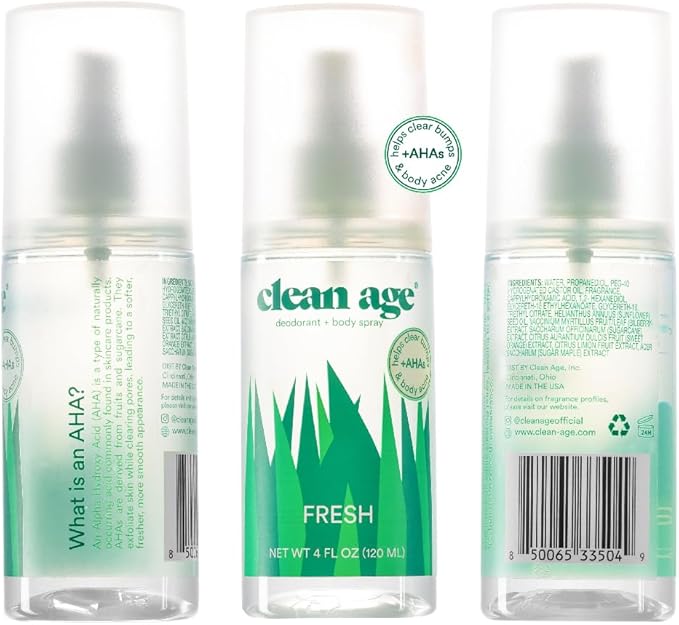 Aluminum Free Deodorant & Body Spray for Whole Body - Fresh 4oz (2 Pack) Clean Deodorant and Body Spray for Teen Boys and Girls - With AHA For Body Acne - Body Spray for Teens Formula