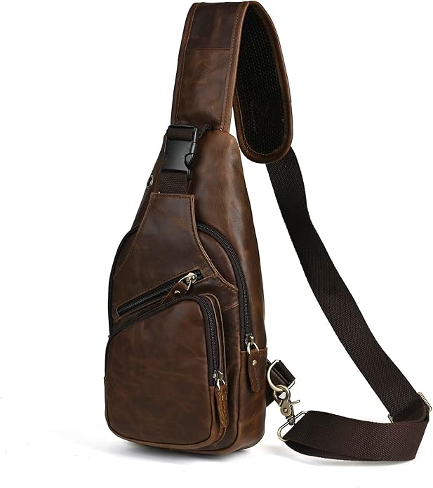 Le'aokuu Men Fashion Casual Tea Designer Travel Hiking Crossbody Chest Sling Bag Rig One Shoulder Strap Bag Men Leather 8015